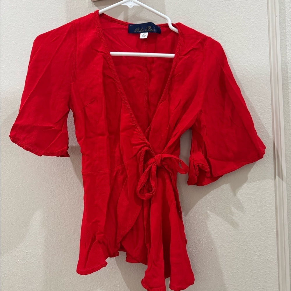 Blue Rain Vibrant Red Wrap Blouse with Flutter Sleeves Size XS